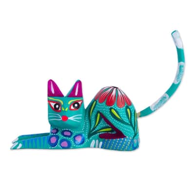 NOVICA Handmade Excited Cat In Teal Wood Sculpture (Mexico) - 3.9" H x 4.3" W x 1.4" D