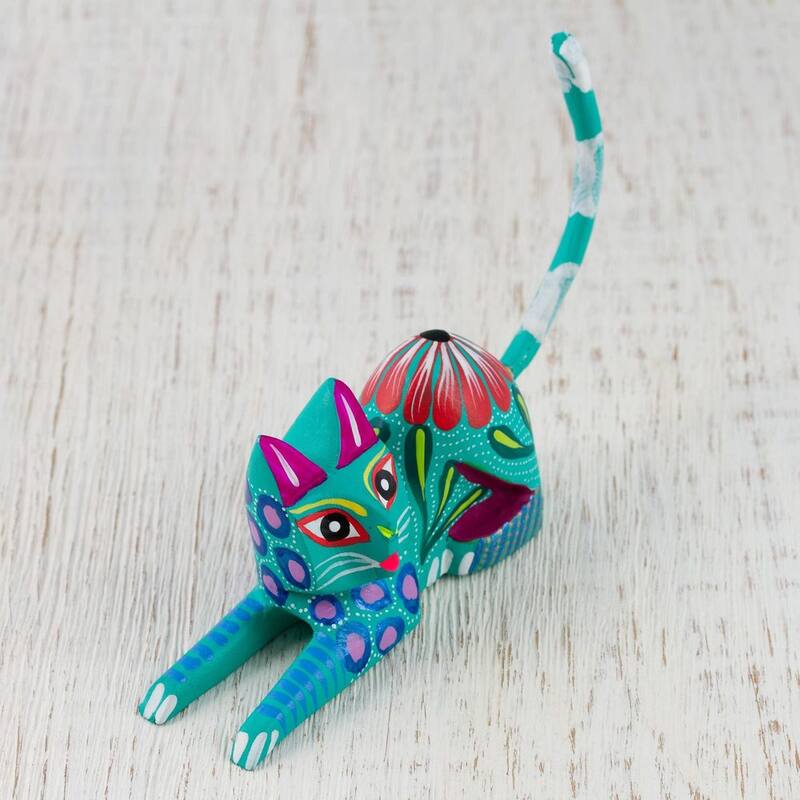 NOVICA Handmade Excited Cat In Teal Wood Sculpture (Mexico) - 3.9" H x 4.3" W x 1.4" D