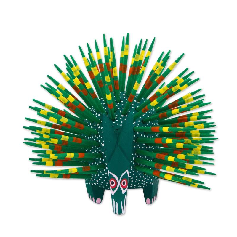 NOVICA Handmade Wood Sculpture, 'Cute Porcupine In Green' (Mexico) - 3.1" H x 3.7" W x 3.7" D - Multi