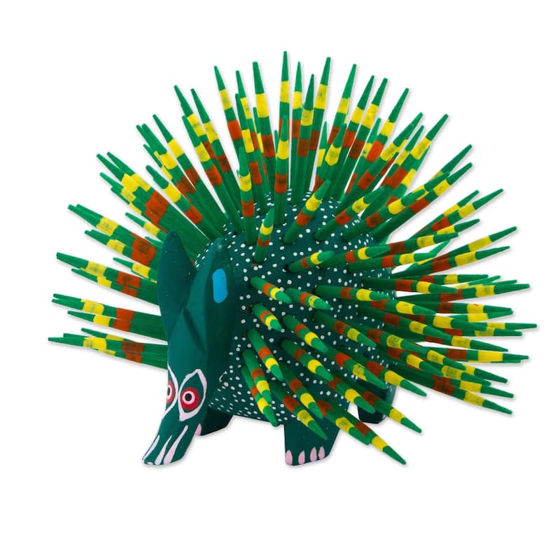 NOVICA Handmade Wood Sculpture, 'Cute Porcupine In Green' (Mexico) - 3.1" H x 3.7" W x 3.7" D