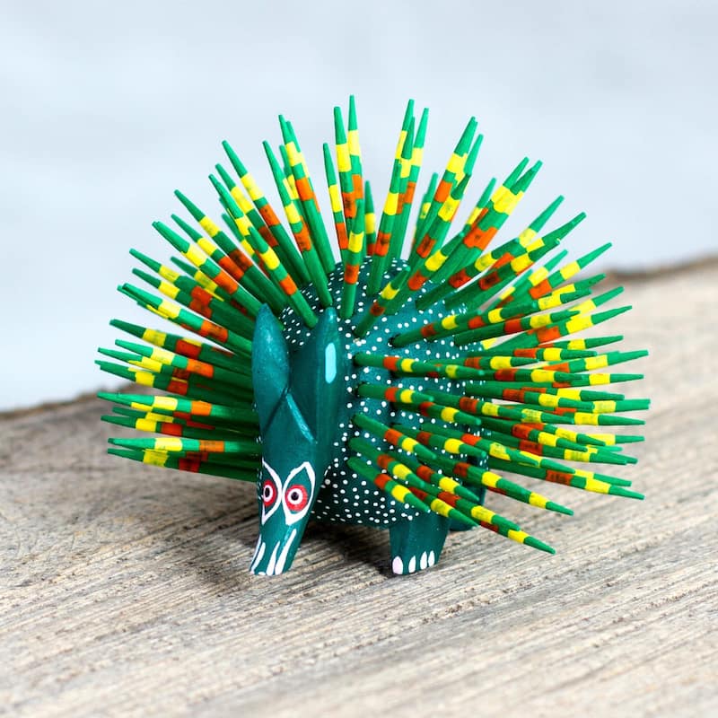 NOVICA Handmade Wood Sculpture, 'Cute Porcupine In Green' (Mexico) - 3.1" H x 3.7" W x 3.7" D