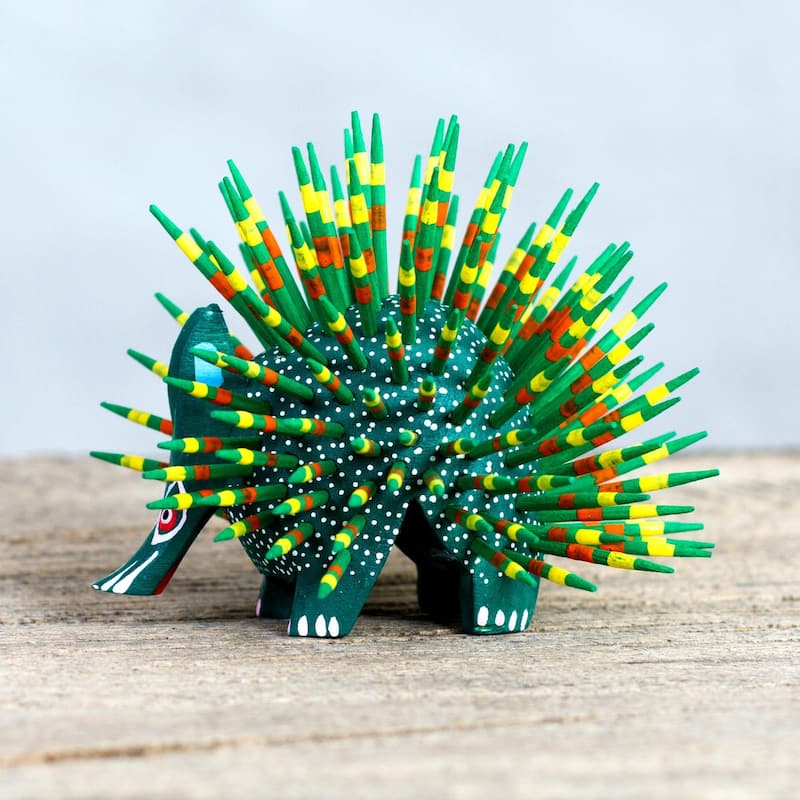 NOVICA Handmade Wood Sculpture, 'Cute Porcupine In Green' (Mexico) - 3.1" H x 3.7" W x 3.7" D