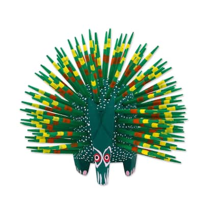 NOVICA Handmade Wood Sculpture, 'Cute Porcupine In Green' (Mexico) - 3.1" H x 3.7" W x 3.7" D