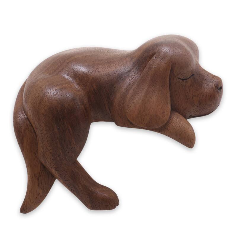 Handmade Wood Sculpture, Sleepy Cocker Spaniel (Indonesia)