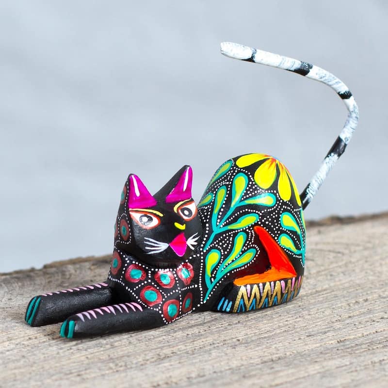 Wood Sculpture, Excited Cat In Black (Mexico) - 3.9" H x 4.3" W