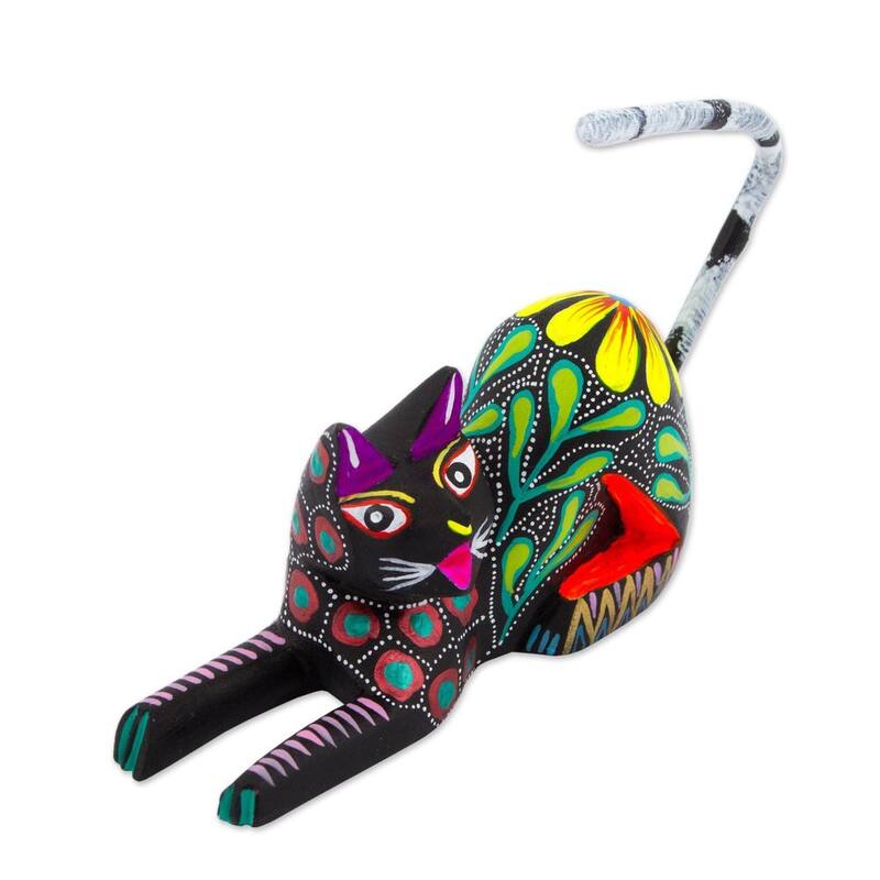 Wood Sculpture, Excited Cat In Black (Mexico) - 3.9" H x 4.3" W