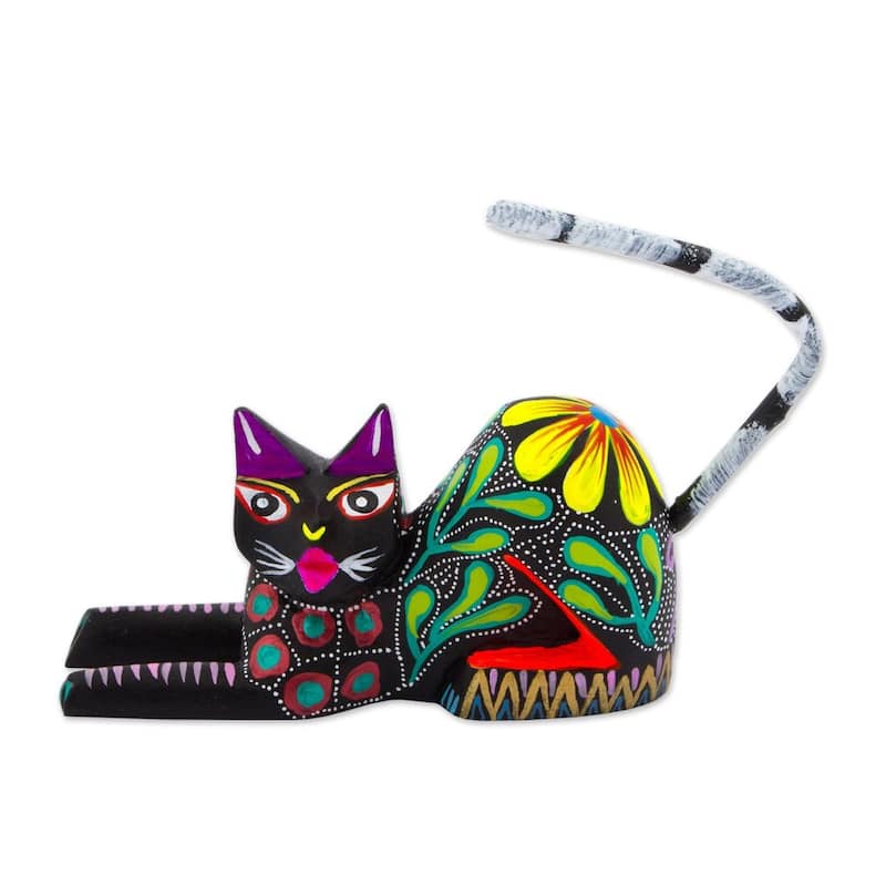 Wood Sculpture, Excited Cat In Black (Mexico) - 3.9" H x 4.3" W