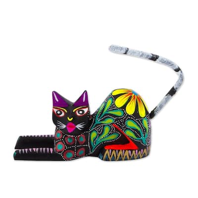Wood Sculpture, Excited Cat In Black (Mexico) - 3.9" H x 4.3" W