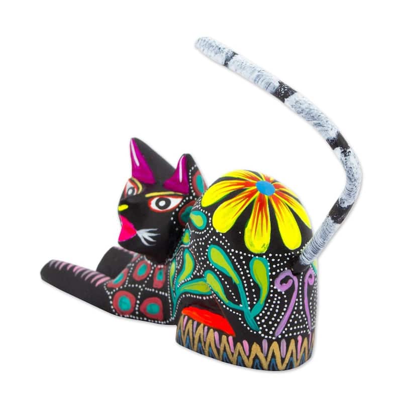 Wood Sculpture, Excited Cat In Black (Mexico) - 3.9" H x 4.3" W