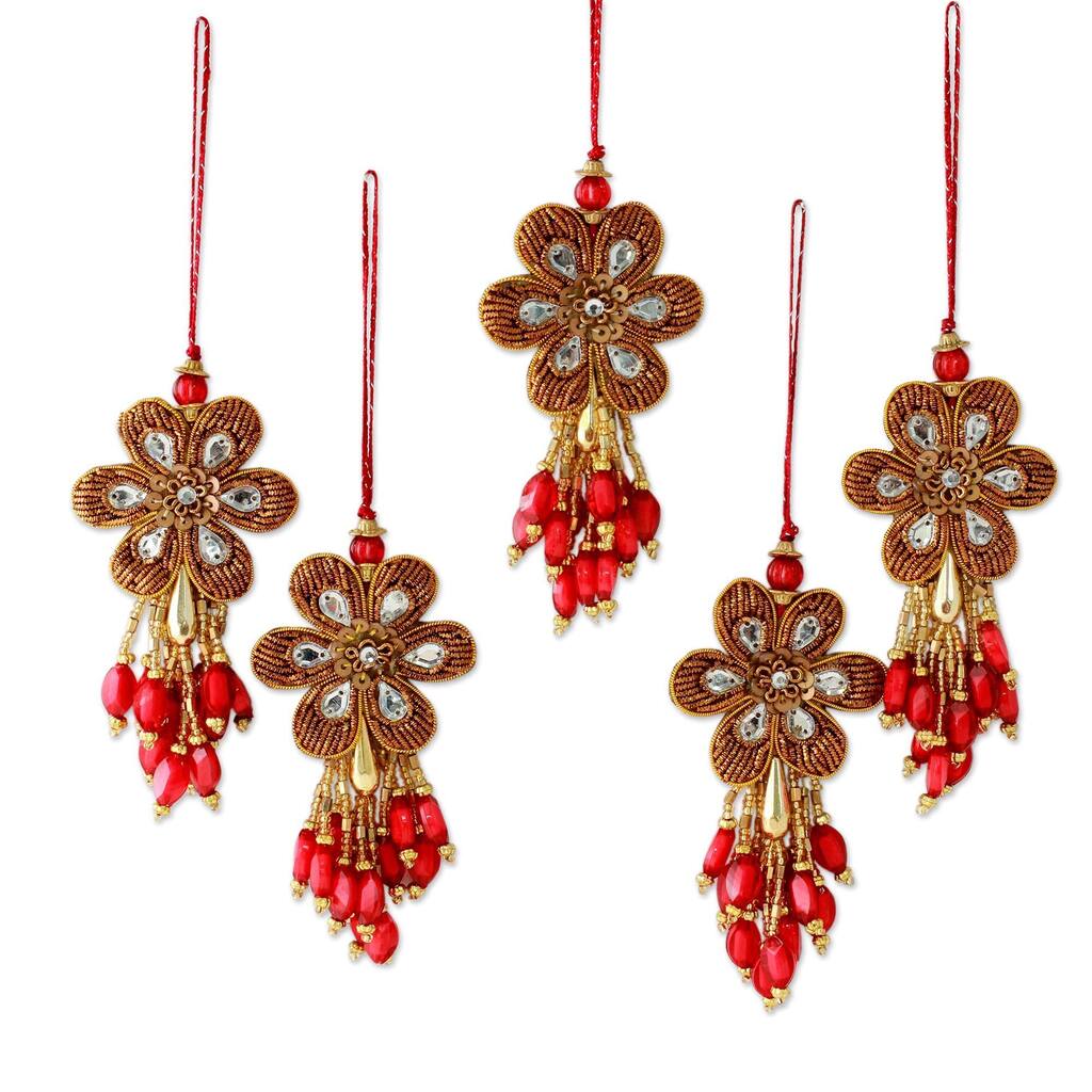 Handmade Set of 5 Beaded Ornaments, Holiday Comets (India)