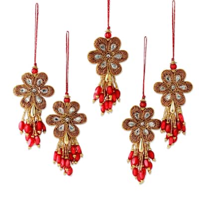 Handmade Set of 5 Beaded Ornaments, Holiday Comets (India)