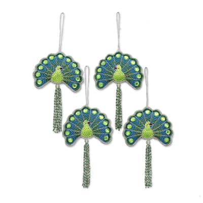 NOVICA Handmade Set of 4 Beaded Ornaments, 'Glorious Peacocks' (India)
