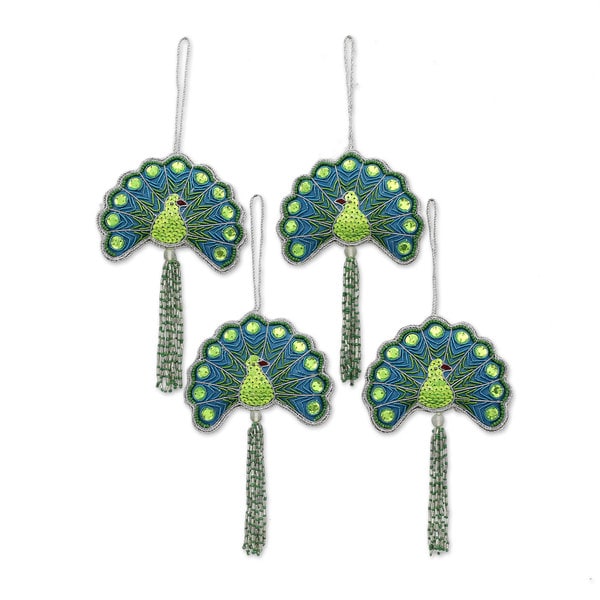 Handmade Set of 4 Beaded Ornaments, 'Glorious Peacocks' (India)