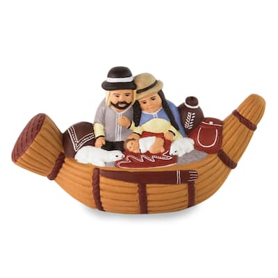 Handmade Ceramic Nativity Scene, Bethlehem In A Reed Boat (Peru)