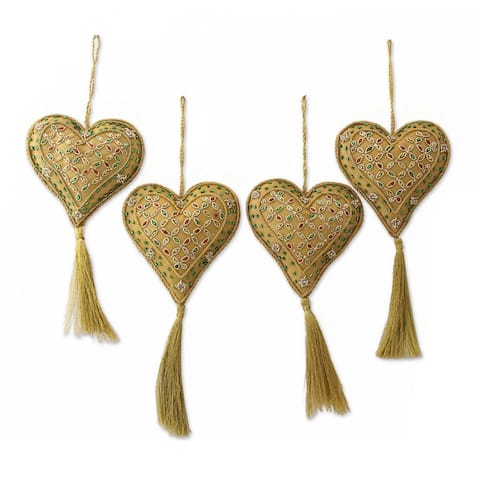 Handmade Set of 4 Beaded Ornaments, Heart of The Holiday (India)