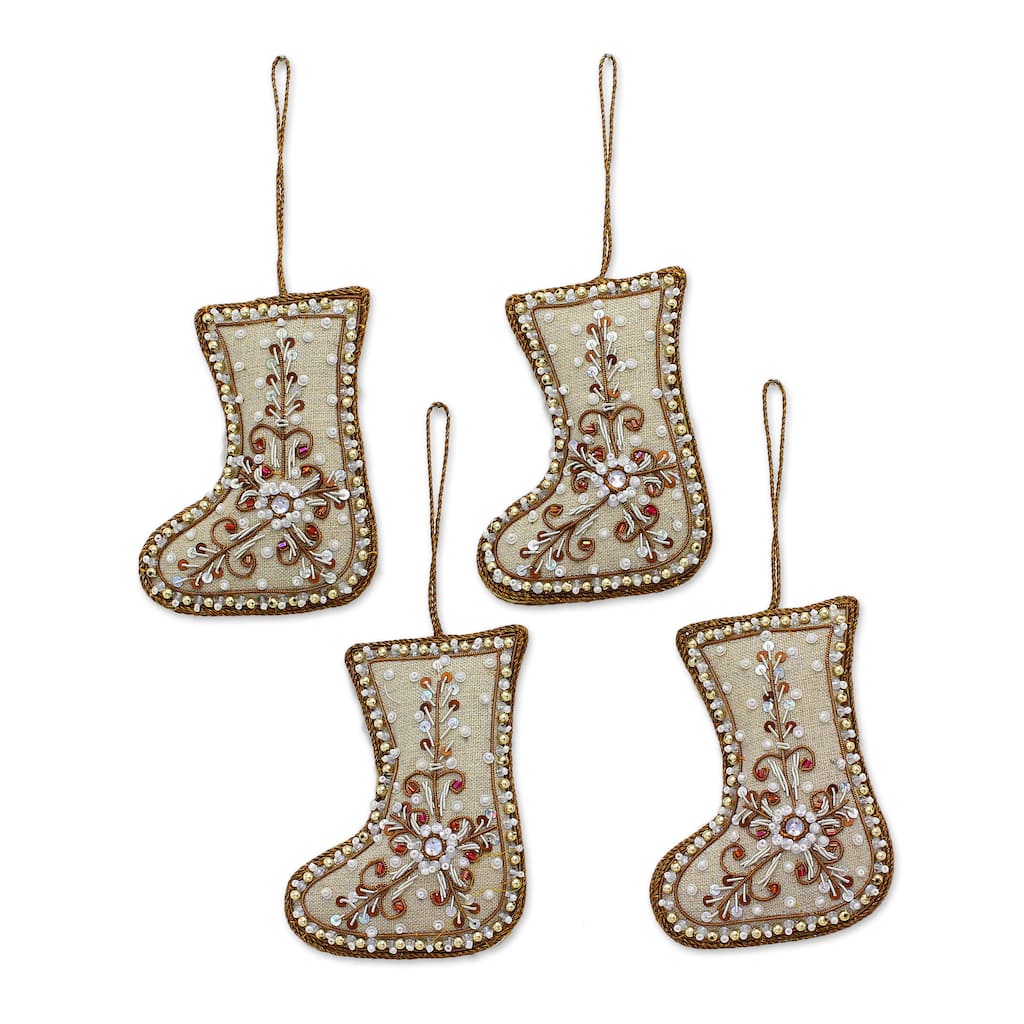 Handmade Set of 4 Beaded Cotton Ornaments, Celebration Stockings (India)