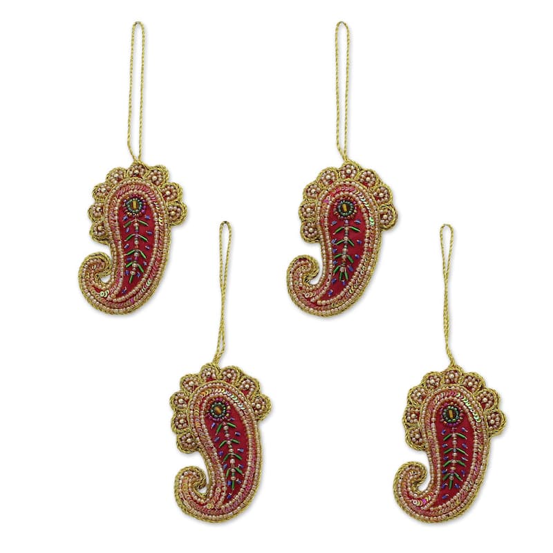 NOVICA Handmade Set of 4 Beaded Ornaments, Brilliant Paisleys (India)
