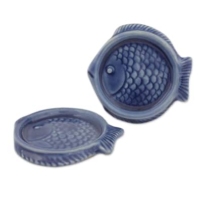 NOVICA Artisan Handblown Celadon Ceramic Coasters Authentic Deep Blue Barware Animal Themed 'Ocean Blue Fish'(Pair)