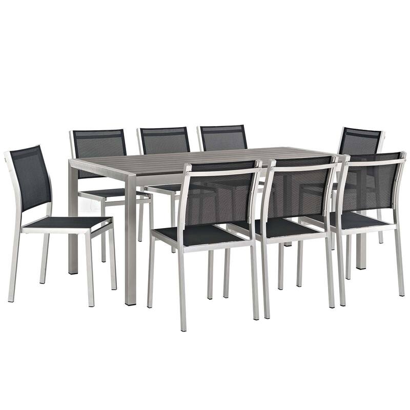 Shore 9 Piece Outdoor Patio Aluminum Dining Set - Silver Black