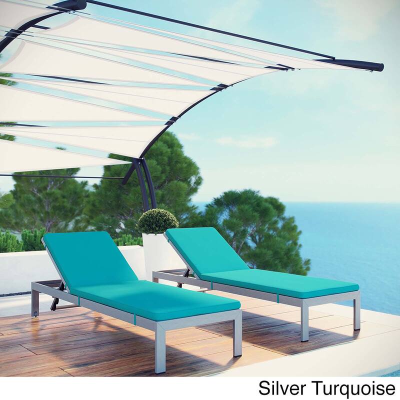 Shore Set of 2 Outdoor Patio Aluminum Chaise with Cushions - Silver Turquoise