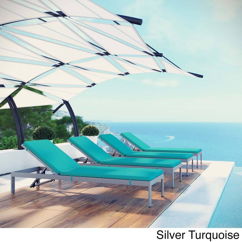 Shore Set of 4 Outdoor Patio Aluminum Chaise with Cushions - Silver Turquoise