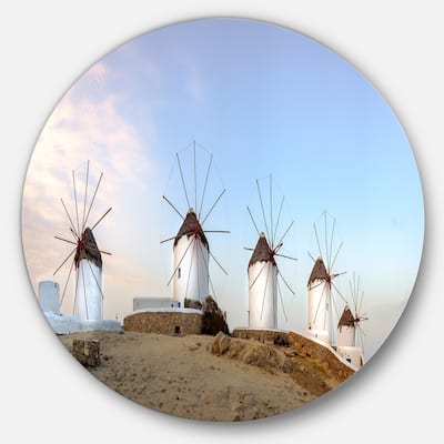 Designart 'Traditional Greek Windmills Panorama' Landscape Large Disc Metal Wall art