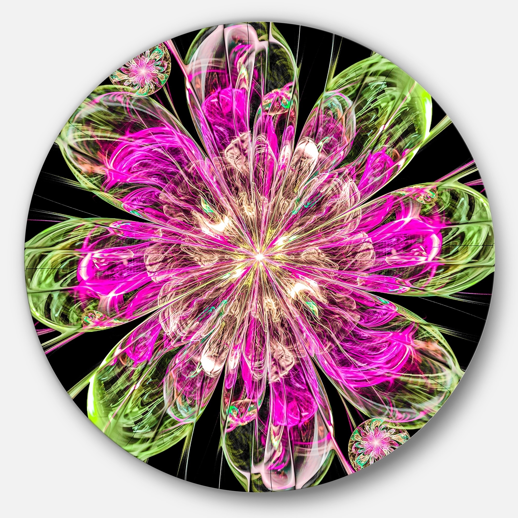 Designart 'Perfect Fractal Flower in Pink and Green' Floral Disc Metal Artwork