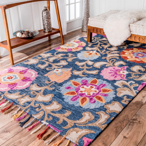 nuLOOM Navy Handmade Tufted Wool Floral Tassel Area Rug Overstock