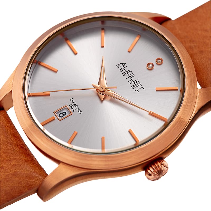 August Steiner Women's Diamond Date Sleek Rose-Tone Leather Strap Watch