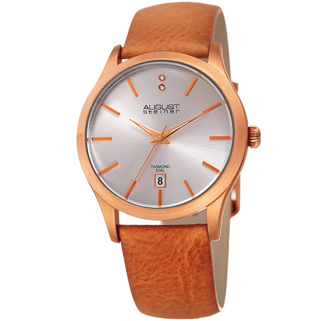 August Steiner Women's Diamond Date Sleek Rose-Tone Leather Strap Watch