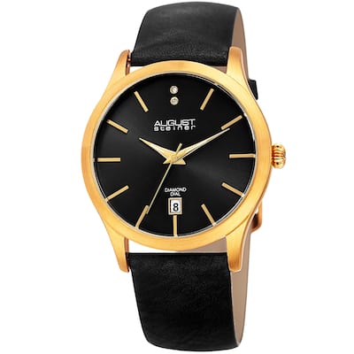 August Steiner Women's Diamond Date Sleek Gold-Tone/Black Leather Strap Watch