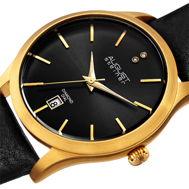 August Steiner Women's Diamond Date Sleek Gold-Tone/Black Leather Strap Watch