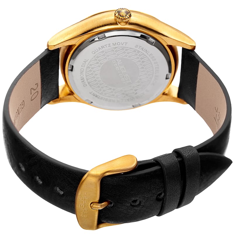 August Steiner Women's Diamond Date Sleek Gold-Tone/Black Leather Strap Watch