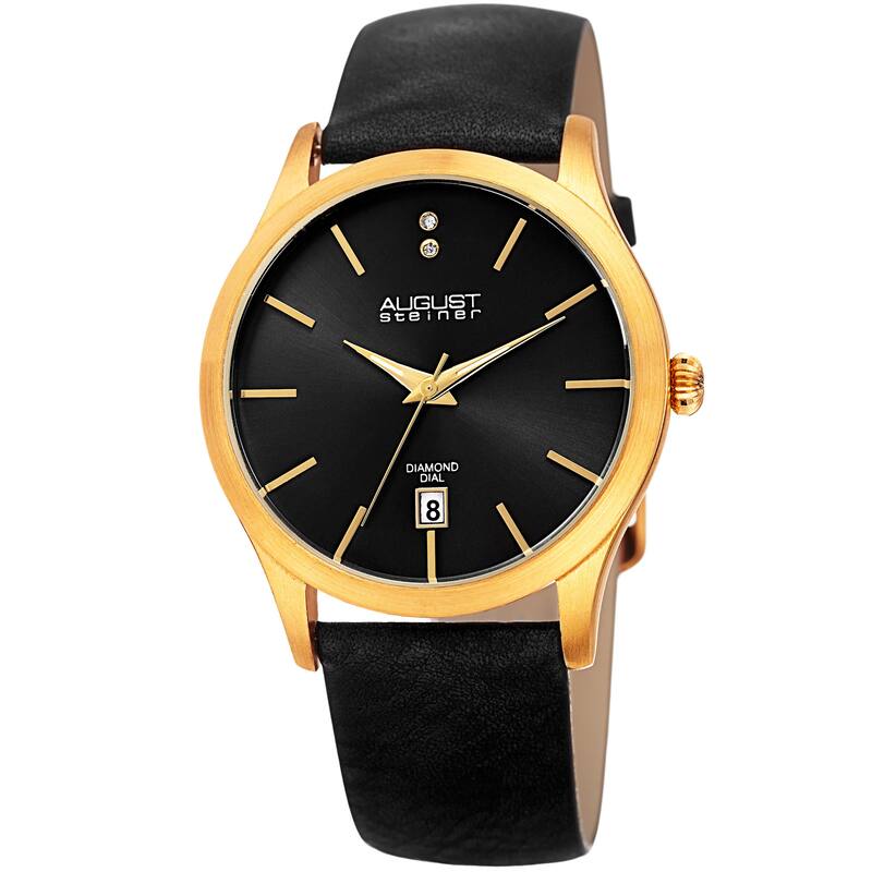 August Steiner Women's Diamond Date Sleek Gold-Tone/Black Leather Strap Watch