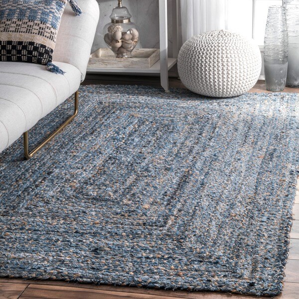 nuLOOM Blue Handmade Braided Natural Fiber Jute/Denim Area Rug