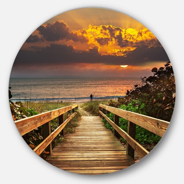 Designart 'Long Wooden Stairs into the Sea' Sea Bridge Disc Metal Artwork