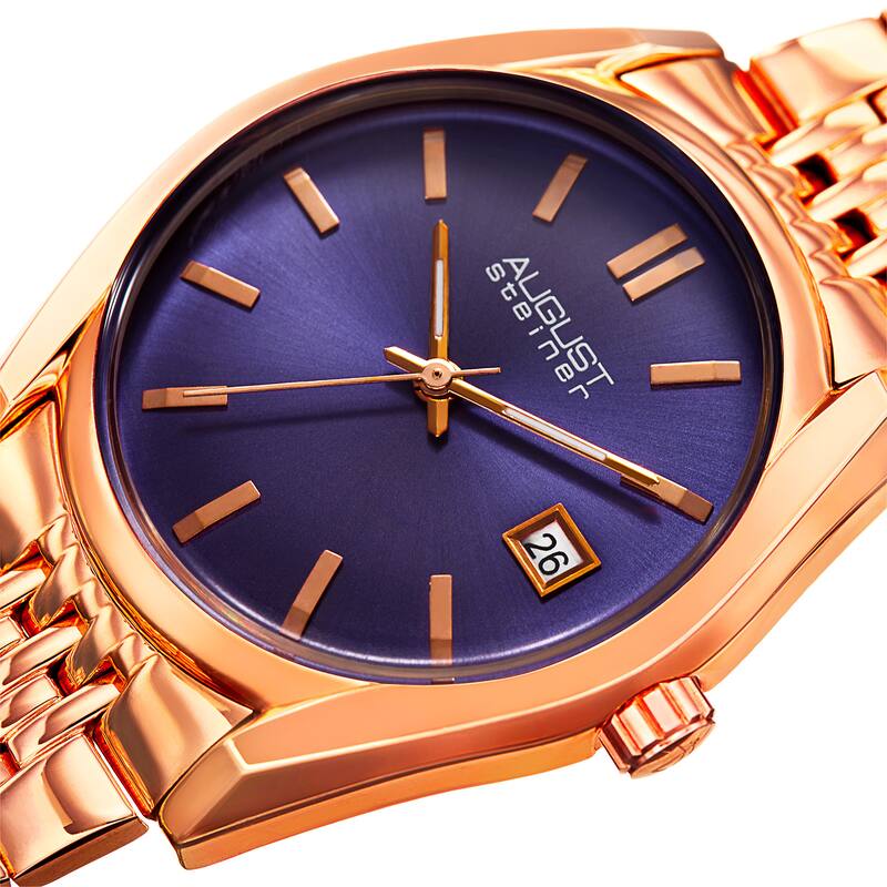 August Steiner Women's Date Sunray Stainless Steel Rose-Tone/Blue Link Bracelet Watch