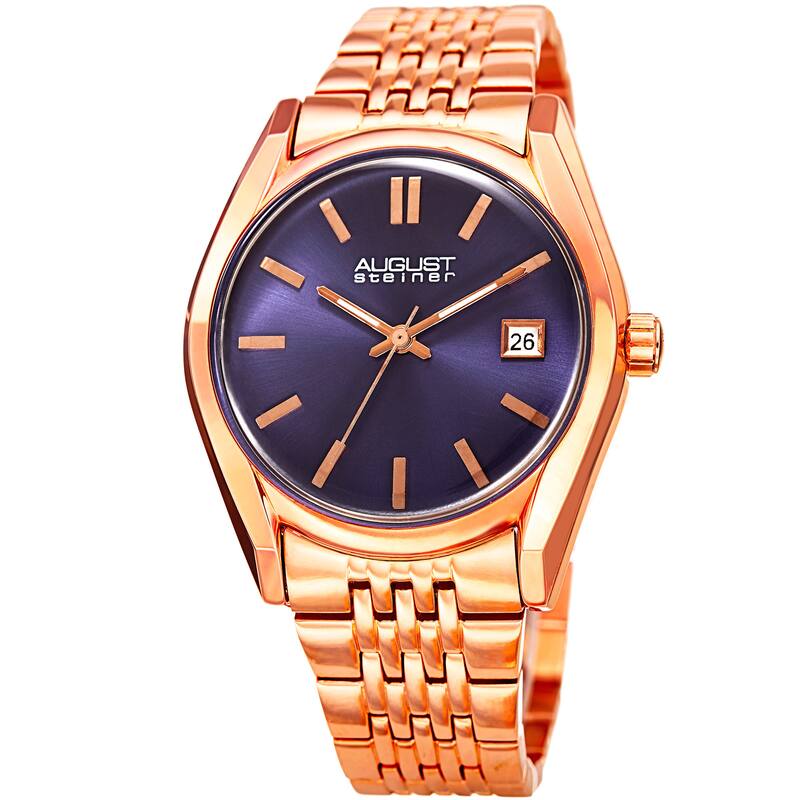August Steiner Women's Date Sunray Stainless Steel Rose-Tone/Blue Link Bracelet Watch