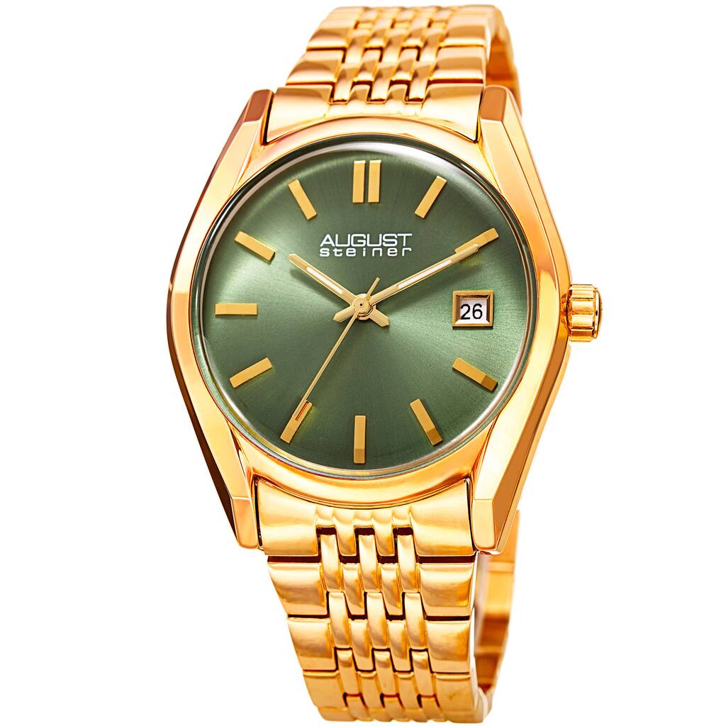 August Steiner Women's Date Sunray Stainless Steel Gold-Tone/Green Link Bracelet Watch