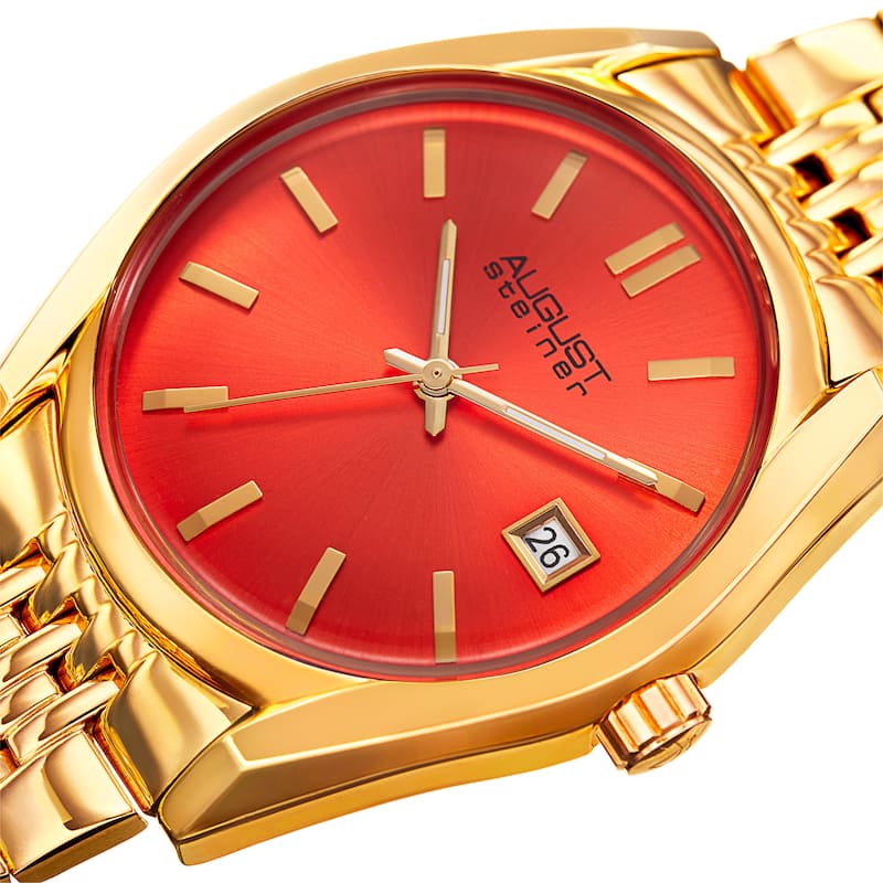 August Steiner Women's Date Sunray Stainless Steel Gold-Tone/Orange Link Bracelet Watch