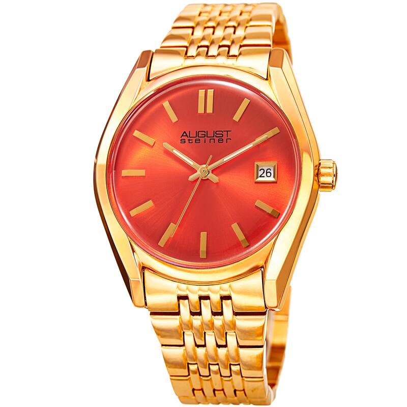 August Steiner Women's Date Sunray Stainless Steel Gold-Tone/Orange Link Bracelet Watch