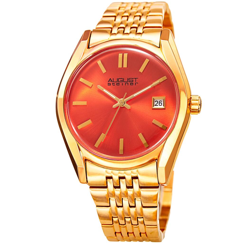 August Steiner Women's Date Sunray Stainless Steel Gold-Tone/Orange Link Bracelet Watch