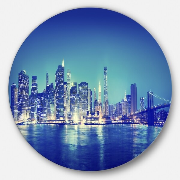 Designart 'Blue New York City at Night Panorama' Cityscape Round Wall ...