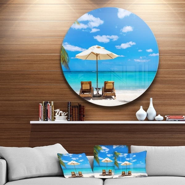 Shop Designart 'Turquoise Beach with Chairs' Seashore Photo Round Wall ...
