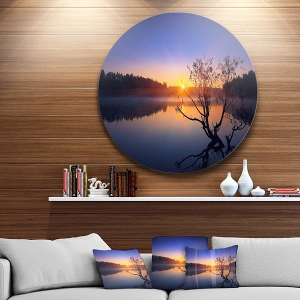Designart Lonely Tree In Pond In Blue Disc Metal Wall Art Landscape Overstock 14252758