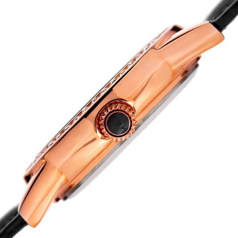 August Steiner Women's Swarovski Crystal Multifunction Leather Rose-Tone/Black Strap Watch