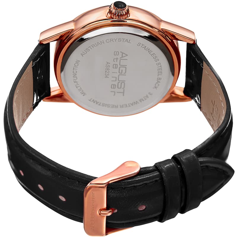 August Steiner Women's Swarovski Crystal Multifunction Leather Rose-Tone/Black Strap Watch