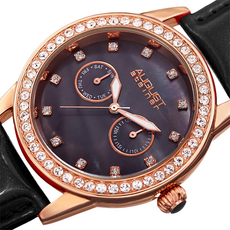 August Steiner Women's Swarovski Crystal Multifunction Leather Rose-Tone/Black Strap Watch