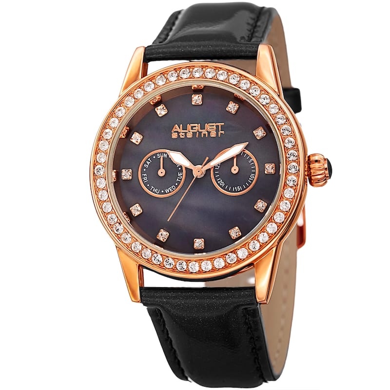 August Steiner Women's Swarovski Crystal Multifunction Leather Rose-Tone/Black Strap Watch
