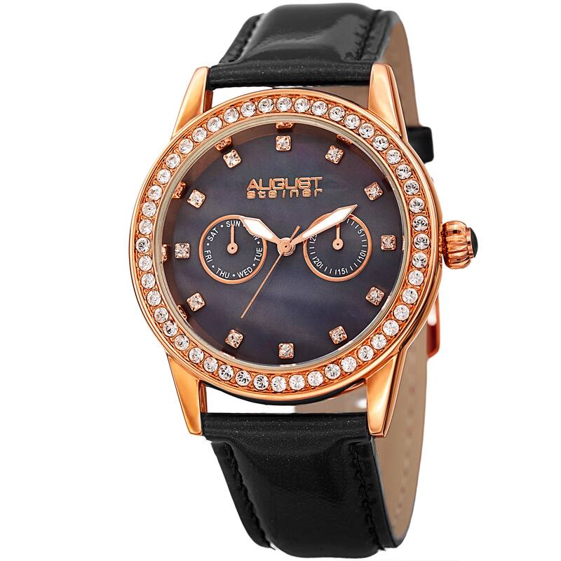 August Steiner Women's Swarovski Crystal Multifunction Leather Rose-Tone/Black Strap Watch
